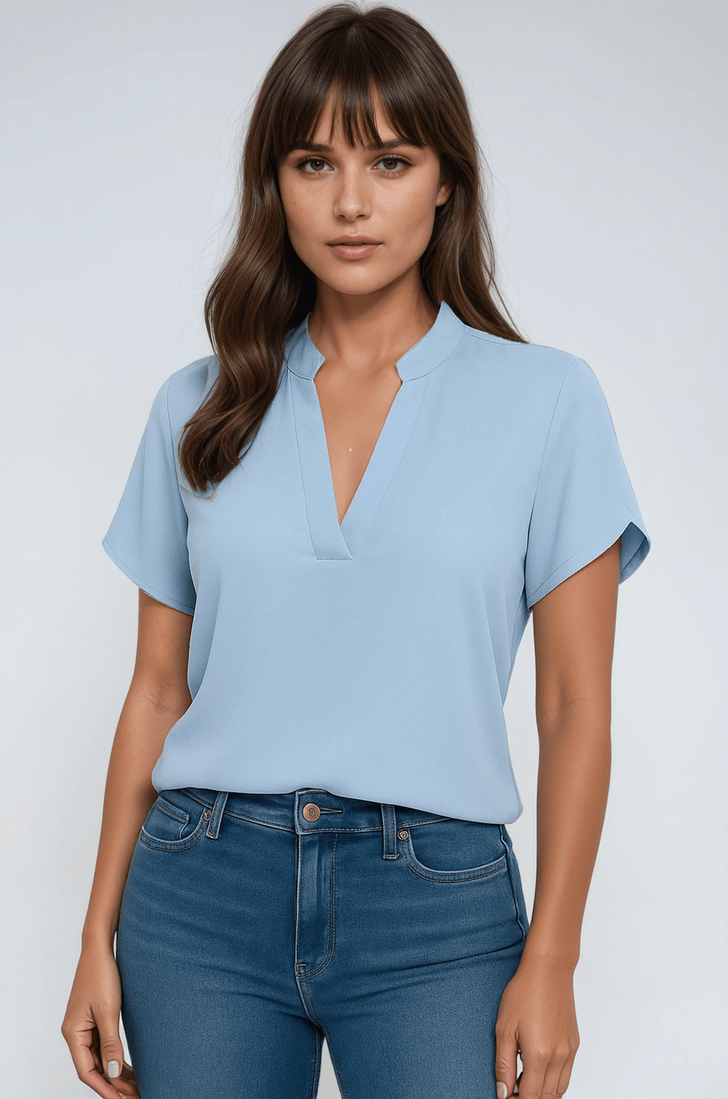 Blouse Women V - Neck Mandarin Collar Short Sleeve - Evergreen Outfits - Women Blouse