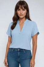 Blouse Women V - Neck Mandarin Collar Short Sleeve - Evergreen Outfits - Women Blouse