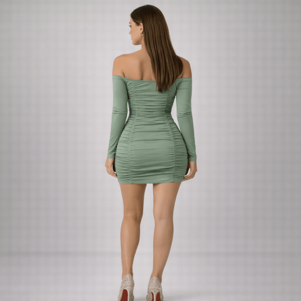 Bodycon Mini Dress Women Off Shoulder Neckline Detail - Evergreen Outfits - Women Mini Dress