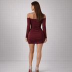Bodycon Mini Dress Women Off Shoulder Neckline Detail - Evergreen Outfits - Women Mini Dress