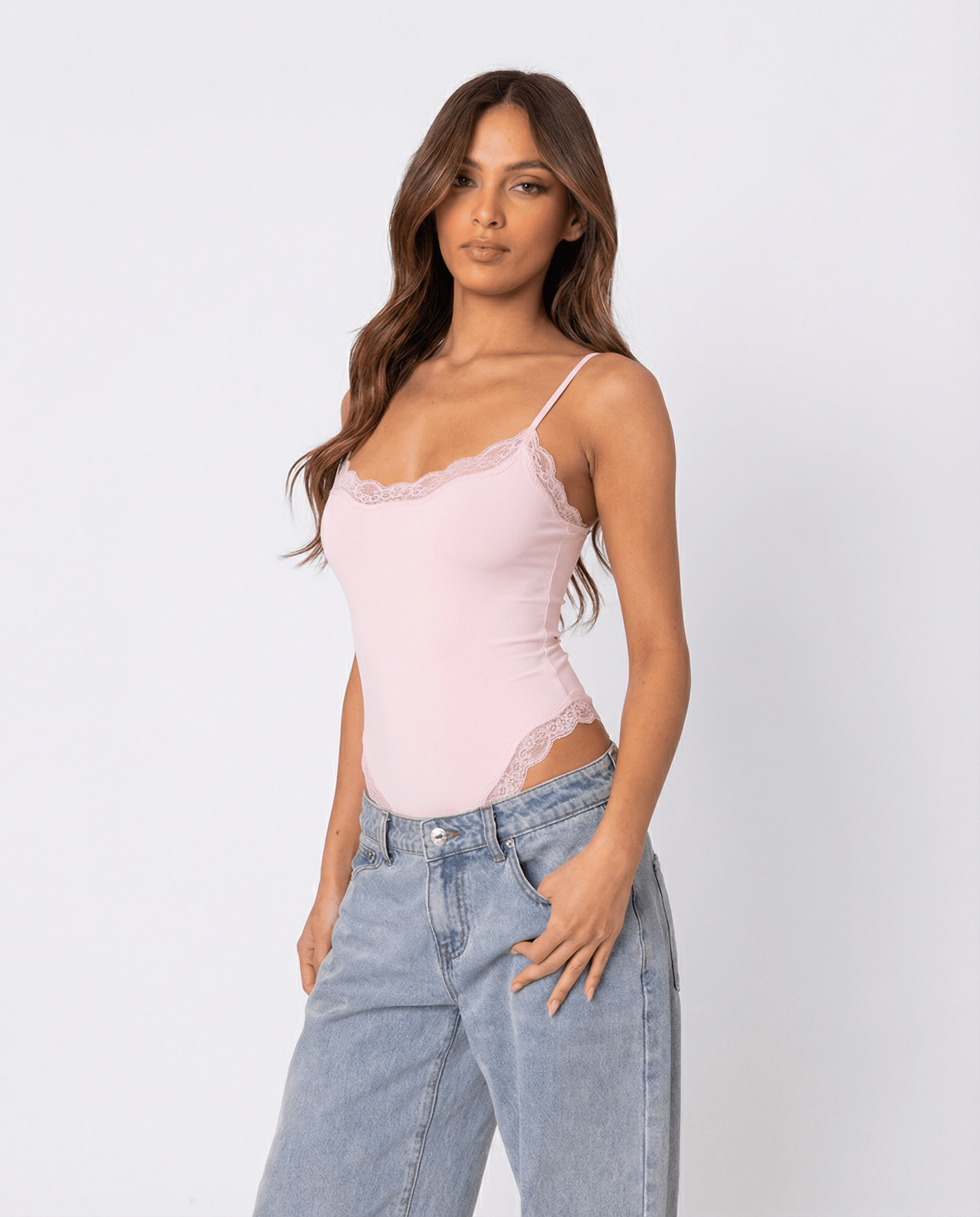 Bodysuit Women Lace Trim Adjustable Strap High Cut Fit - Evergreen Outfits - Women Bodysuit