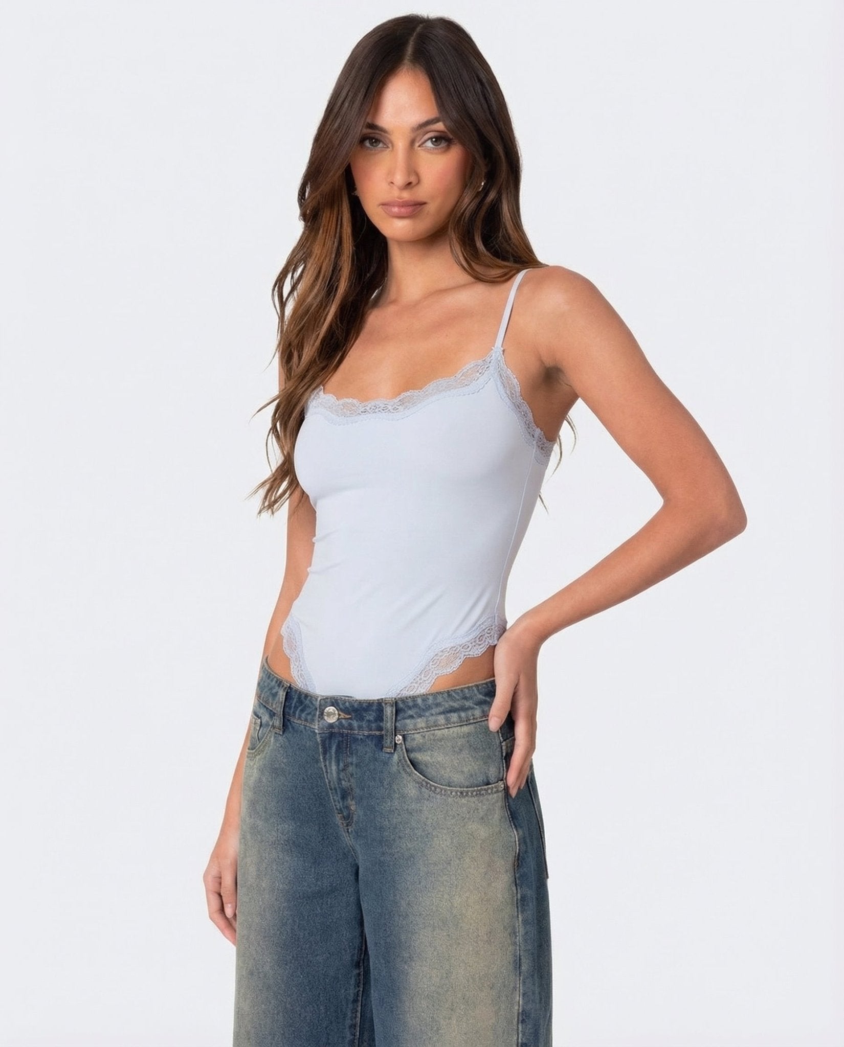 Bodysuit Women Lace Trim Adjustable Strap High Cut Fit - Evergreen Outfits - Women Bodysuit