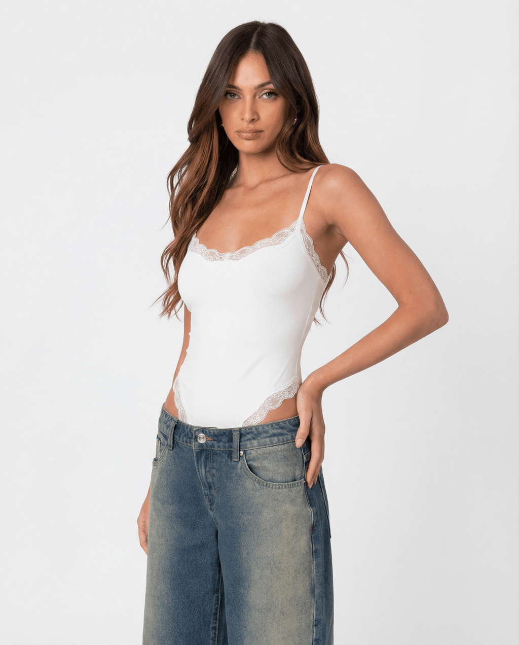 Bodysuit Women Lace Trim Adjustable Strap High Cut Fit - Evergreen Outfits - Women Bodysuit