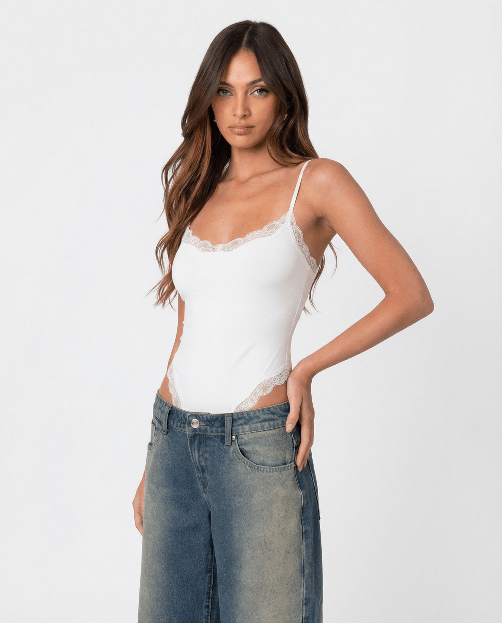 Bodysuit Women Lace Trim Adjustable Strap High Cut Fit - Evergreen Outfits - Women Bodysuit