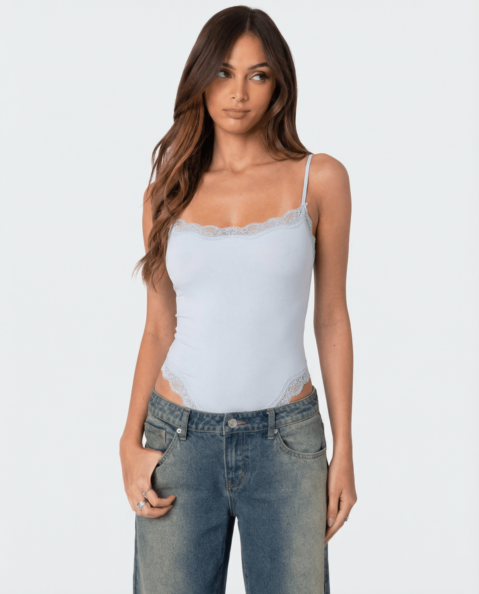 Bodysuit Women Lace Trim Adjustable Strap High Cut Fit - Evergreen Outfits - Women Bodysuit