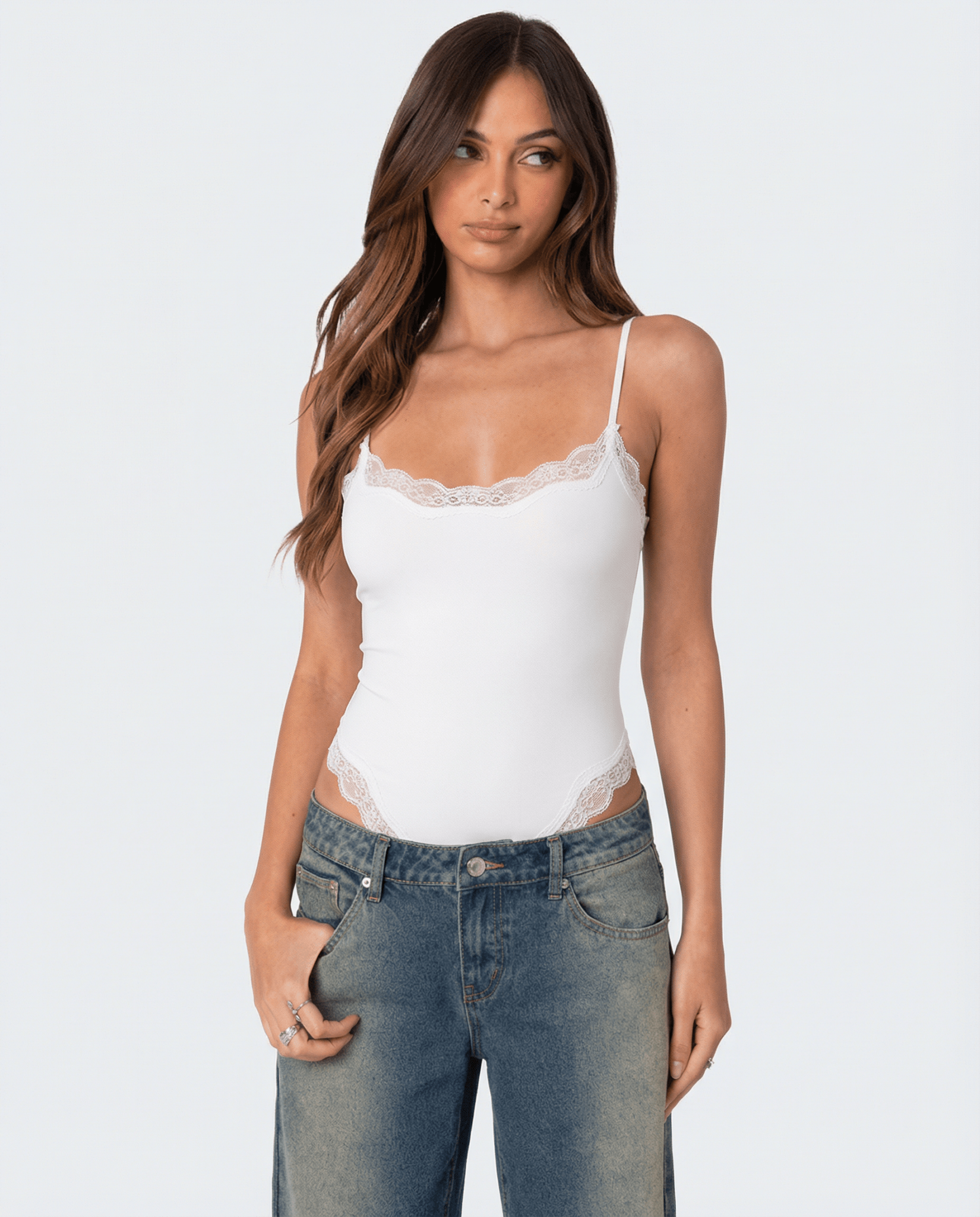 Bodysuit Women Lace Trim Adjustable Strap High Cut Fit - Evergreen Outfits - Women Bodysuit