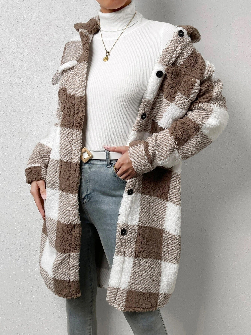 Women Coat | Longline Check Teddy with Button Front