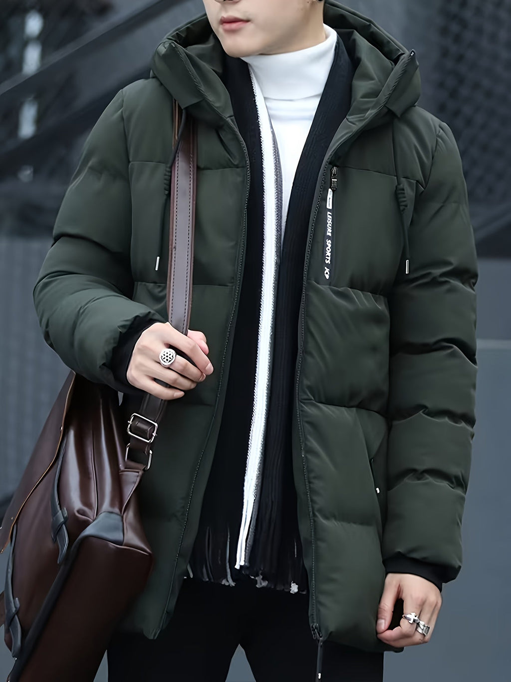 Men Puffer Jacket | Hooded Mid-Length with Zip Pockets