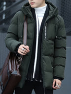 Men Puffer Jacket | Hooded Mid-Length with Zip Pockets