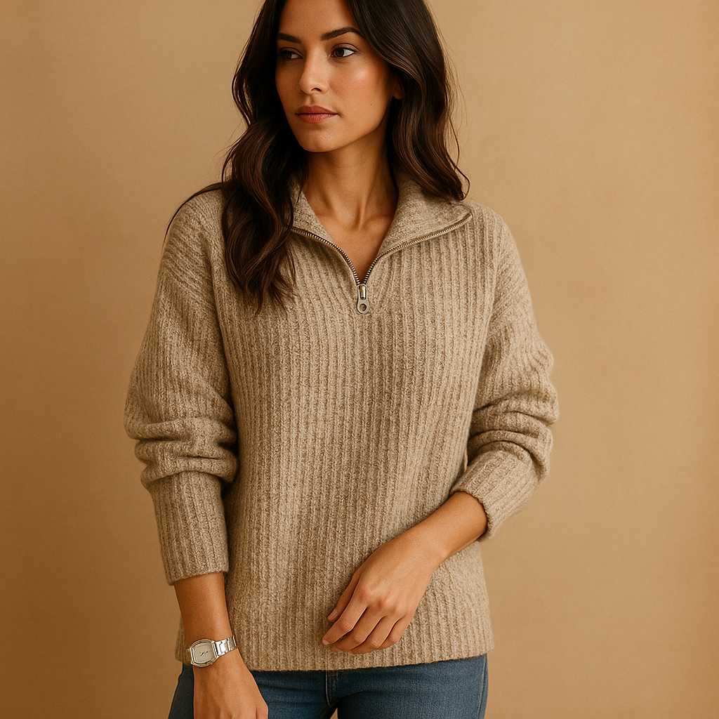 Women Sweater | Half-Zip Ribbed Knit Fitted Long Sleeve