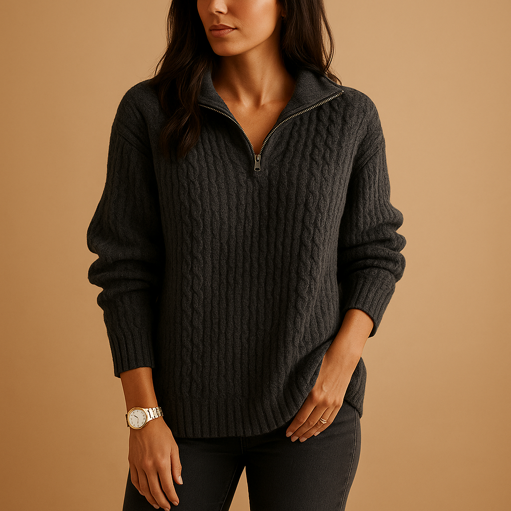 Women Sweater | Half-Zip Ribbed Knit Fitted Long Sleeve