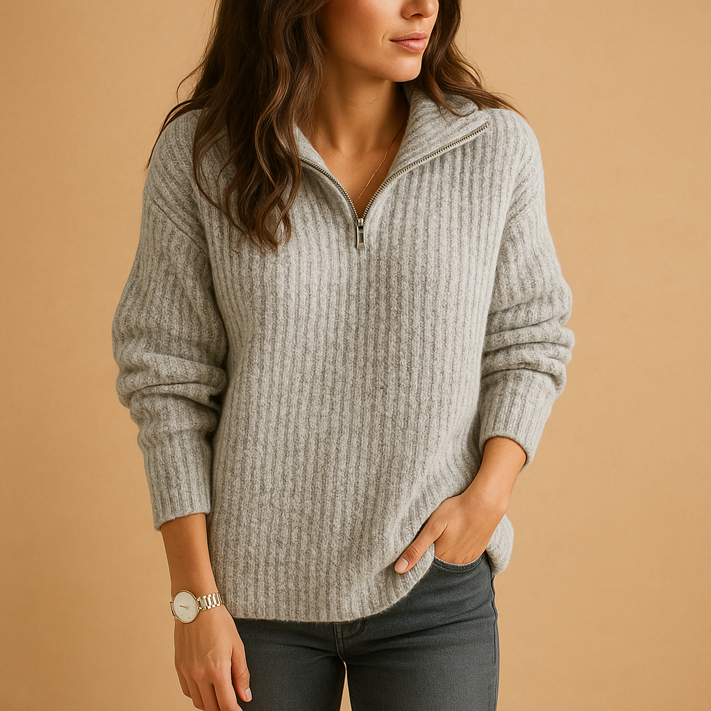Women Sweater | Half-Zip Ribbed Knit Fitted Long Sleeve