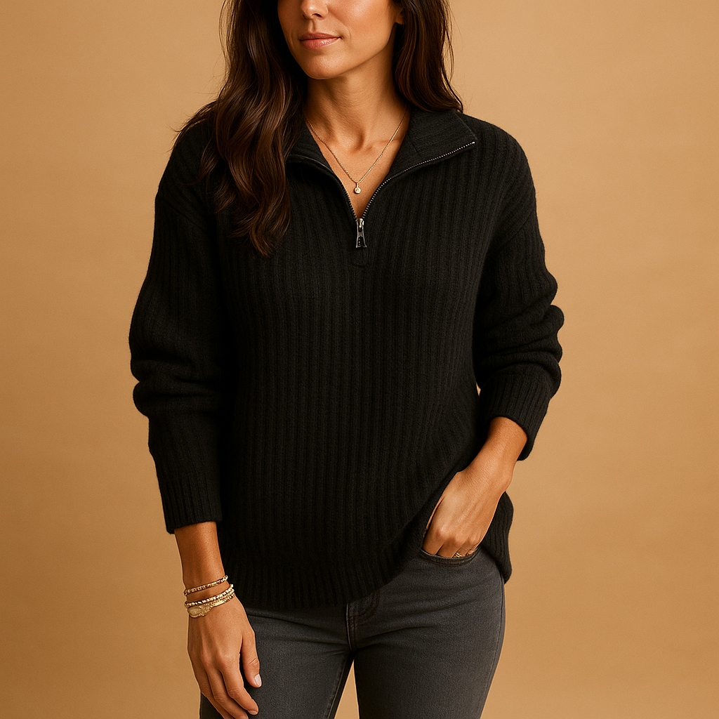 Women Sweater | Half-Zip Ribbed Knit Fitted Long Sleeve