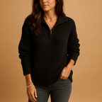 Women Sweater | Half-Zip Ribbed Knit Fitted Long Sleeve