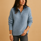 Women Sweater | Half-Zip Ribbed Knit Fitted Long Sleeve