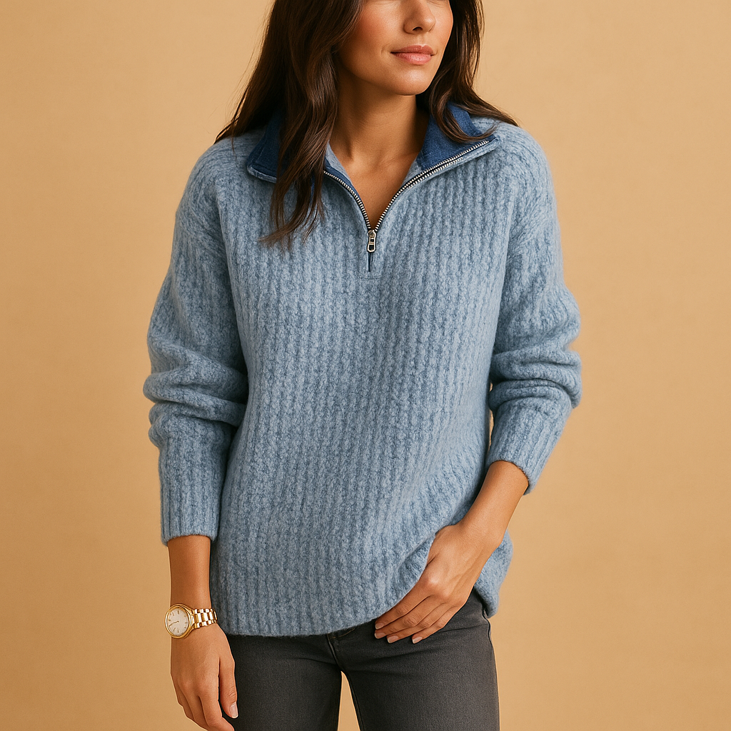 Women Sweater | Half-Zip Ribbed Knit Fitted Long Sleeve