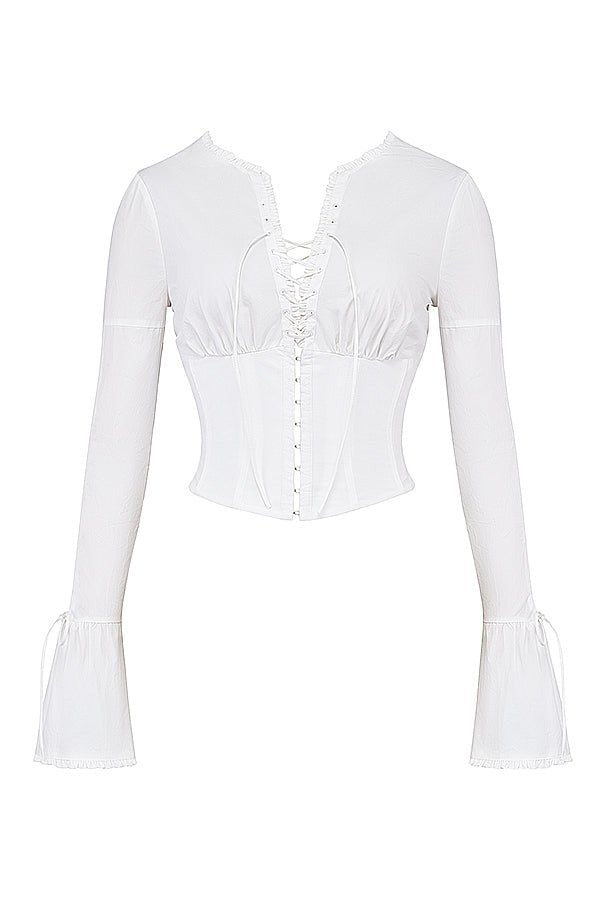 Corset Top Women Long Sleeve Lace Up Deep Neckline - Evergreen Outfits - Women Top