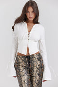 Corset Top Women Long Sleeve Lace Up Deep Neckline - Evergreen Outfits - Women Top