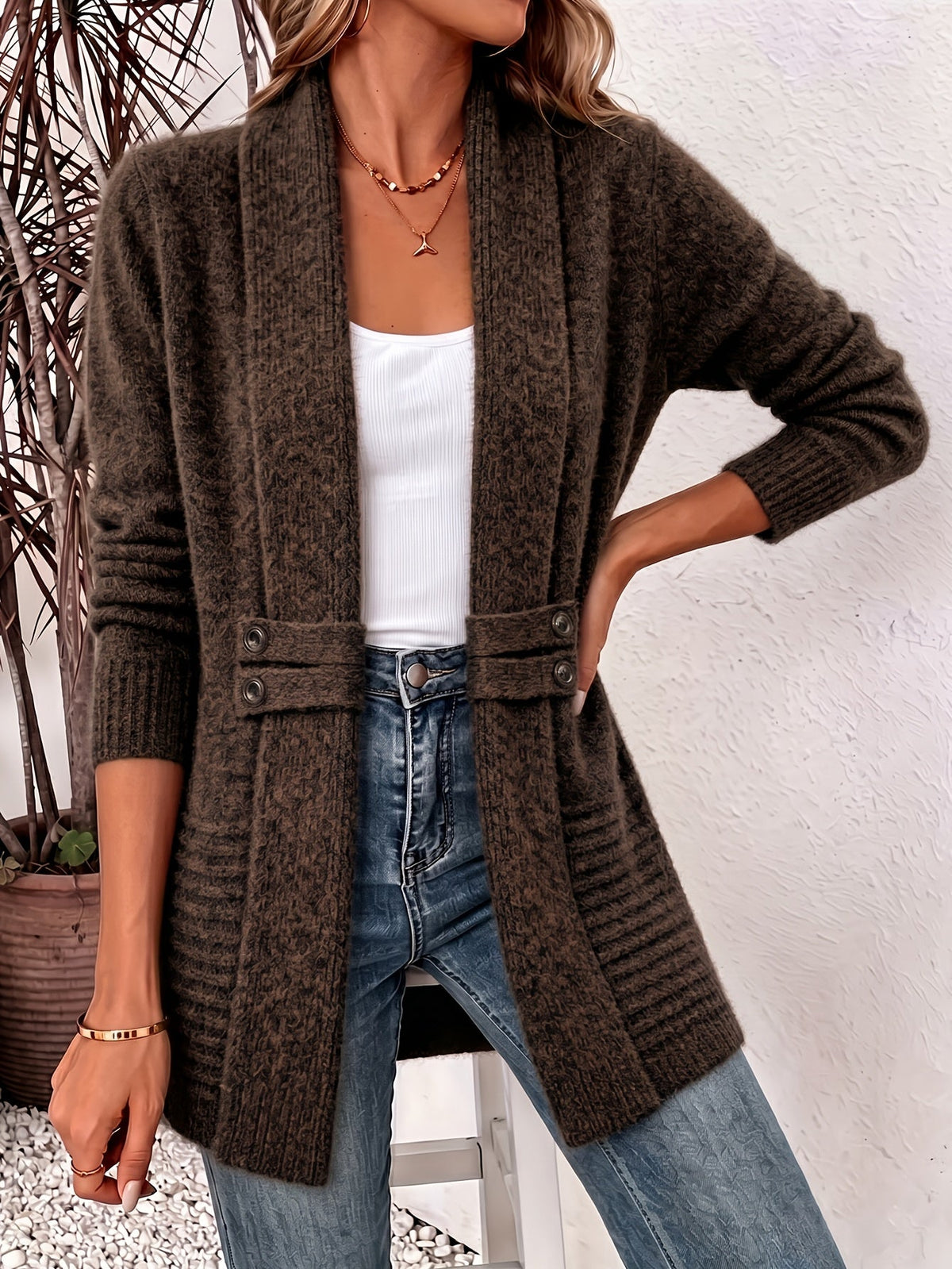 Women Cardigan | Open Front Ribbed Knit Relaxed Fit