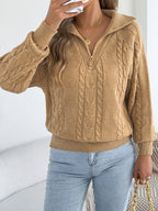 Women Top | Quarter-Zip Collar with Textured Knit Long Sleeves