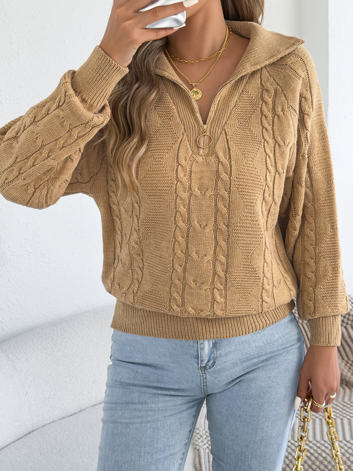 Women Top | Quarter-Zip Collar with Textured Knit Long Sleeves