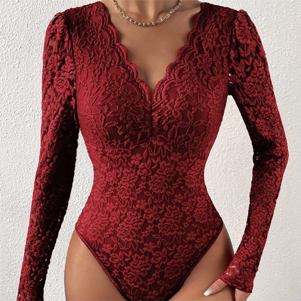 Women Lace Top | Long Sleeve Sweetheart Neckline Fitted Cut