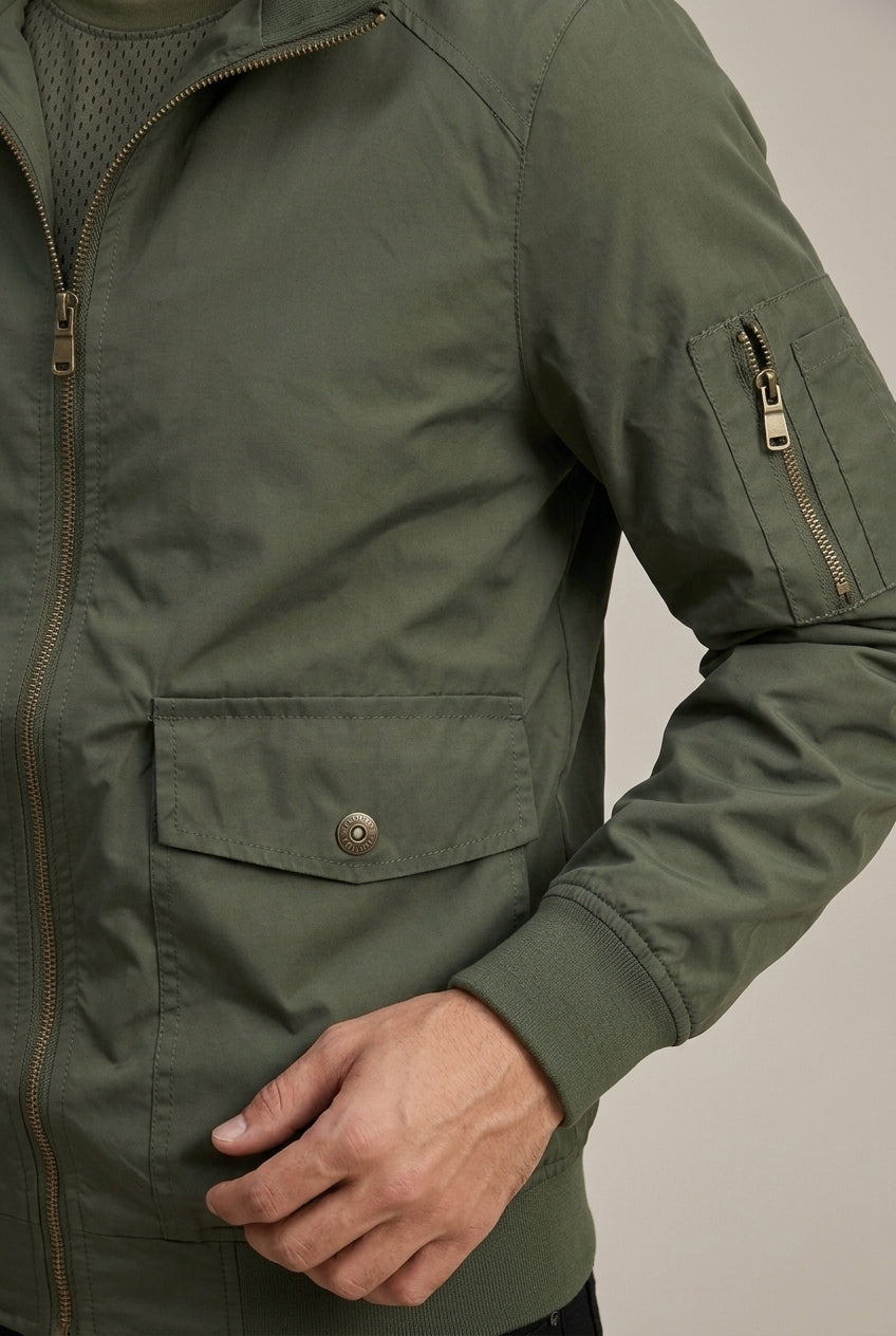 Men Jacket | Zip-Up Bomber with Stand Collar Flap Pockets