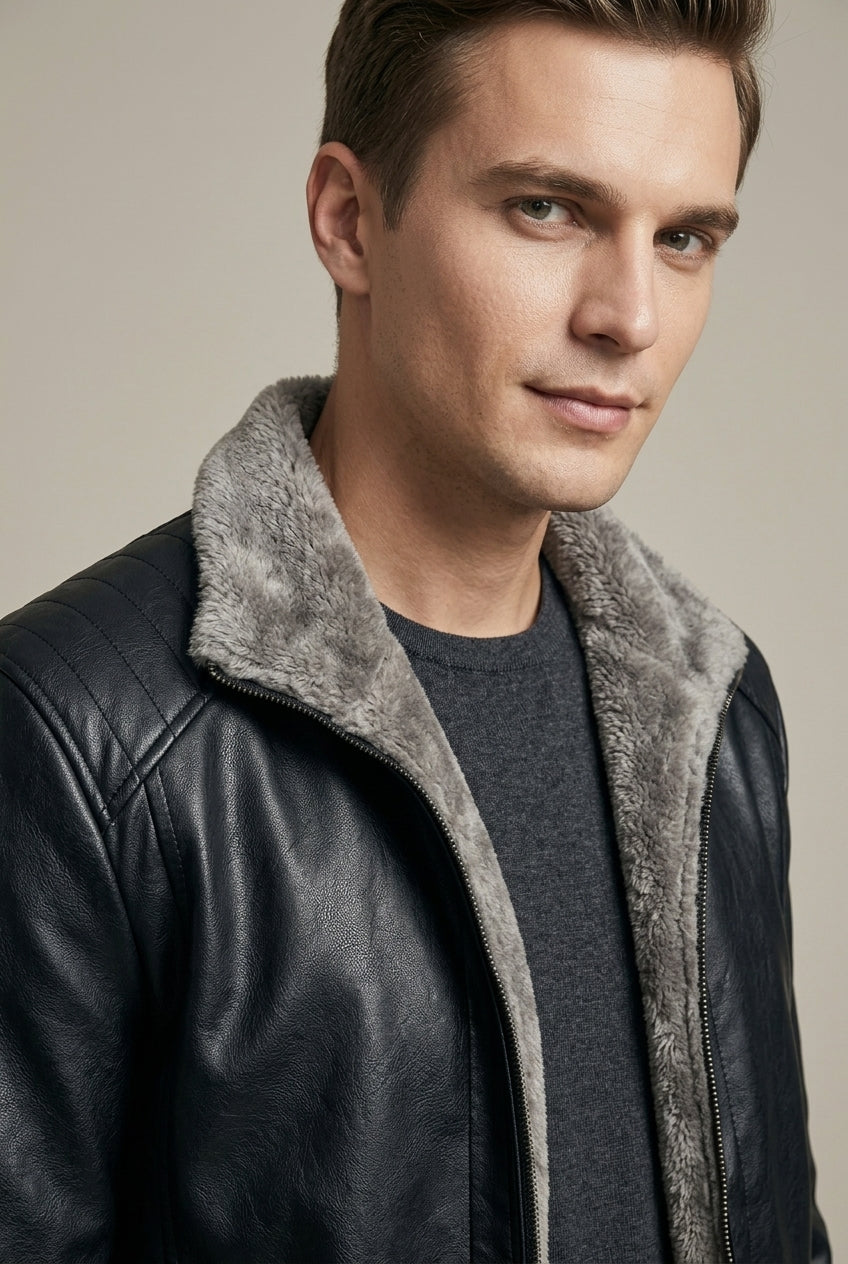 Men Jacket | Faux Leather Biker with Fleece-Lined Interior
