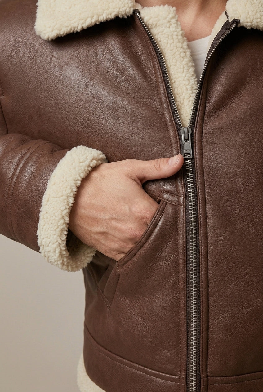 Men Jacket | Shearling-Lined Aviator with Zip Front Closure
