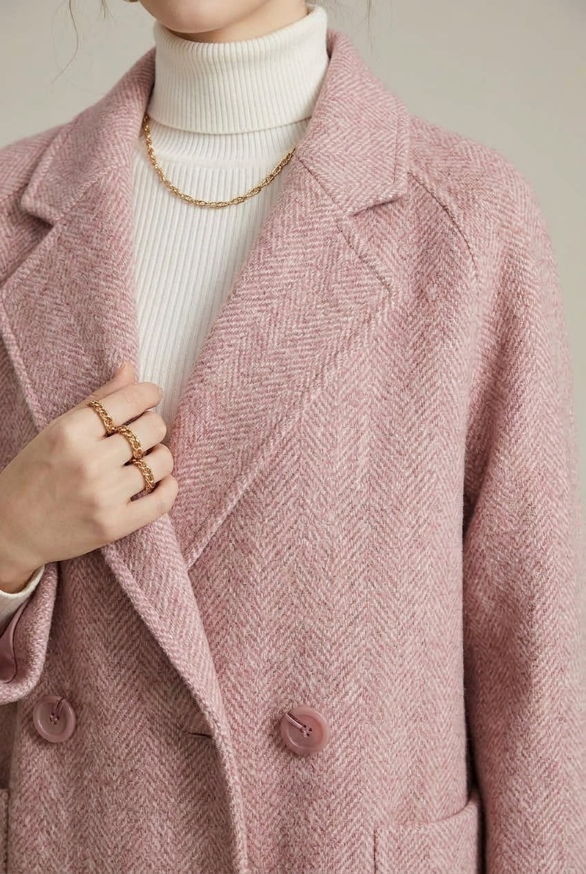 Women Coat | Double-Breasted Herringbone with Patch Pockets