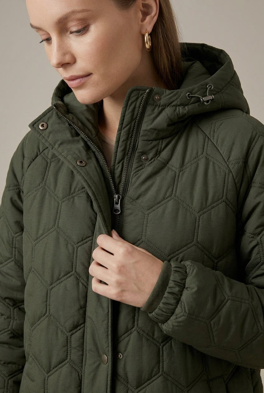 Women Coat | Relaxed Longline Fit with Plaid Hood Detail