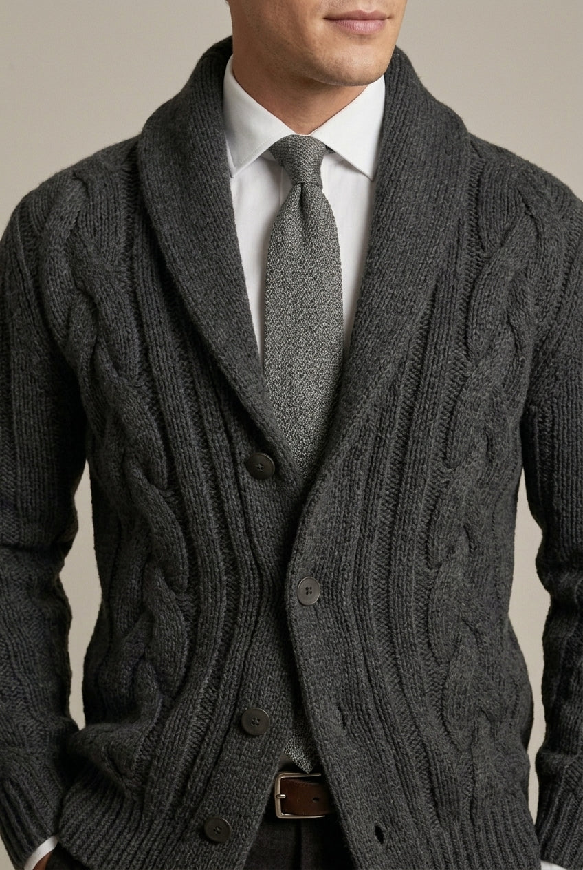 Men Cardigan | Shawl Collar Cable Knit Button-Front Regular Fit
