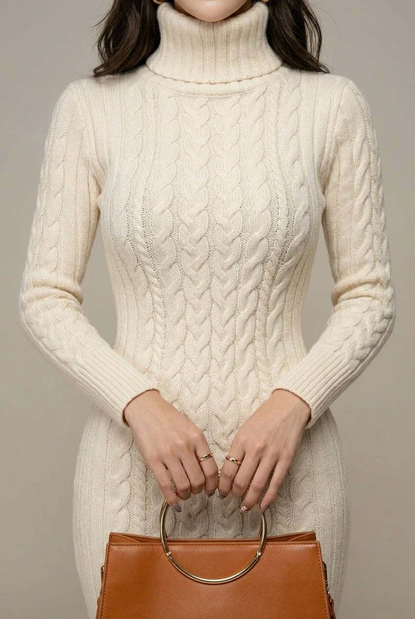 Women Dress | Cable Knit Turtleneck Bodycon Midi Length