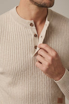 Men Sweater | Henley Neck Ribbed Knit Long Sleeve Fitted