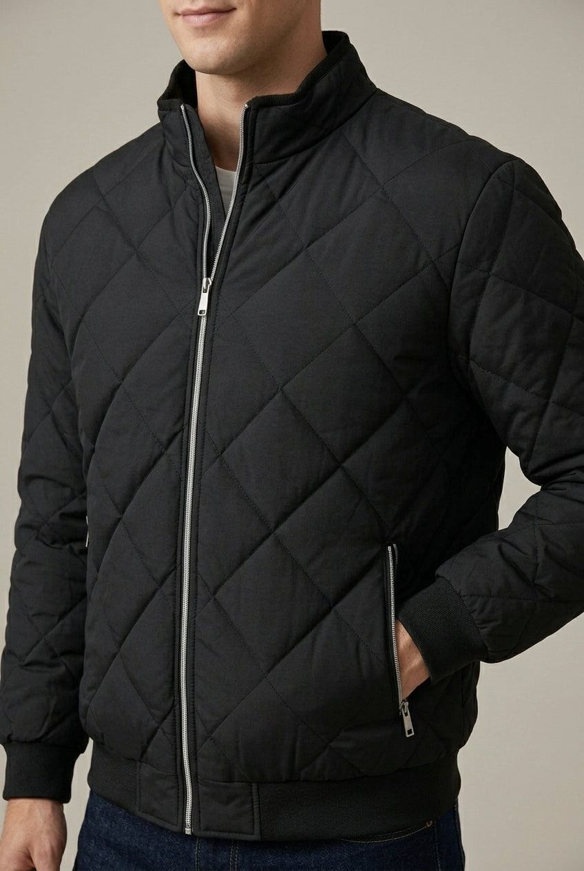 Men Jacket | Diamond Quilted Stand Collar with Front Zip