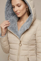 Women Puffer Jacket | Hooded Sherpa-Lined Mid-Length Zip