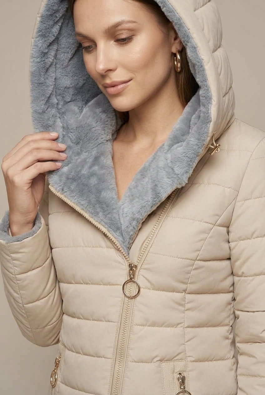 Women Puffer Jacket | Hooded Sherpa-Lined Mid-Length Zip