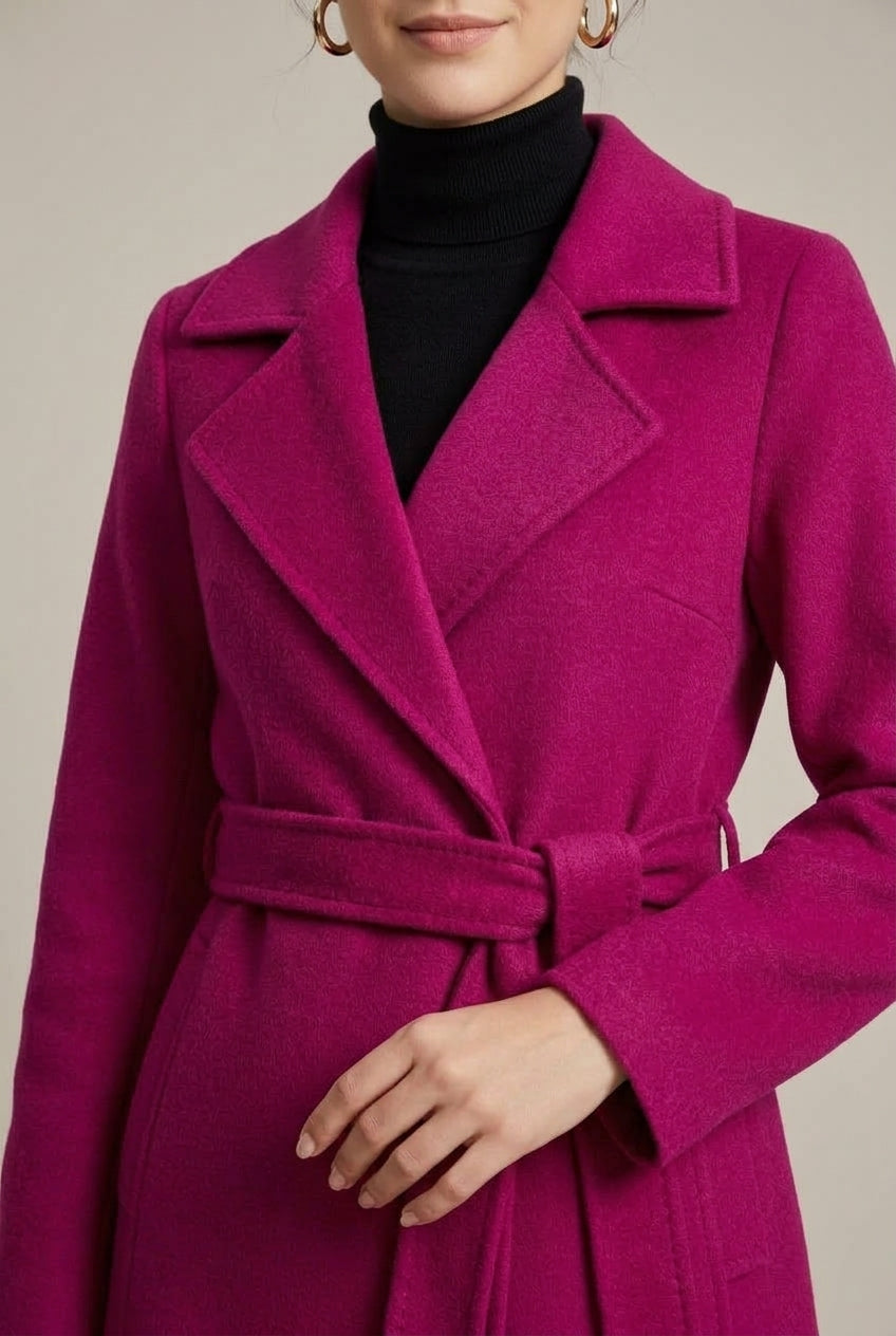 Women Coat | Belted Wrap Silhouette with Notch Lapel