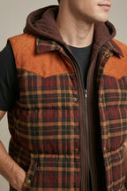 Men Cardigan | Quilted Hooded Vest with Plaid Colour Block