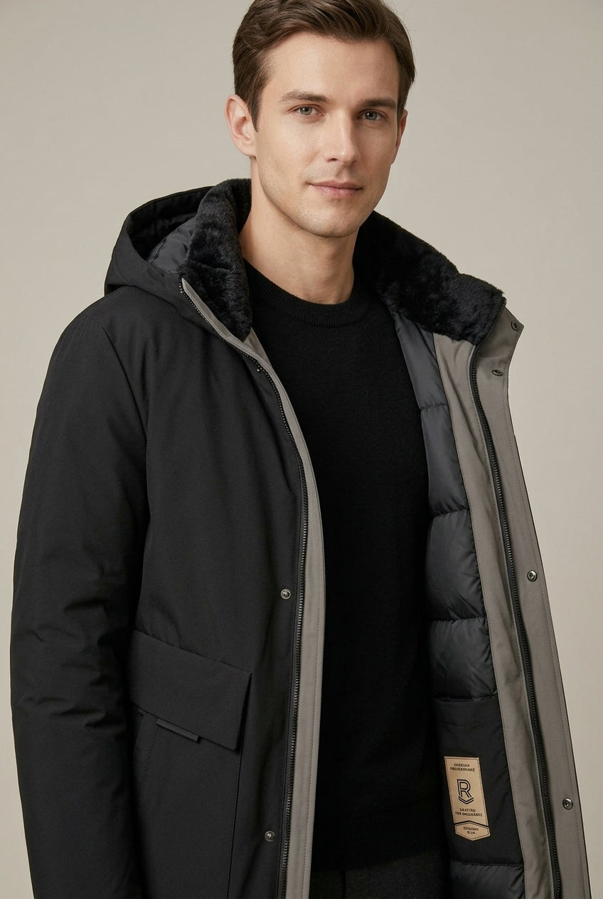Men Coat | Longline Hooded Padded with Storm Flap Pockets
