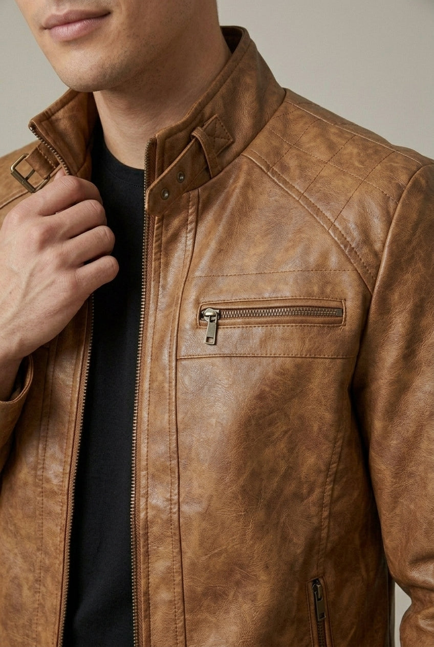 Men Jacket | Stand Collar Zip-Up with Quilted Shoulders