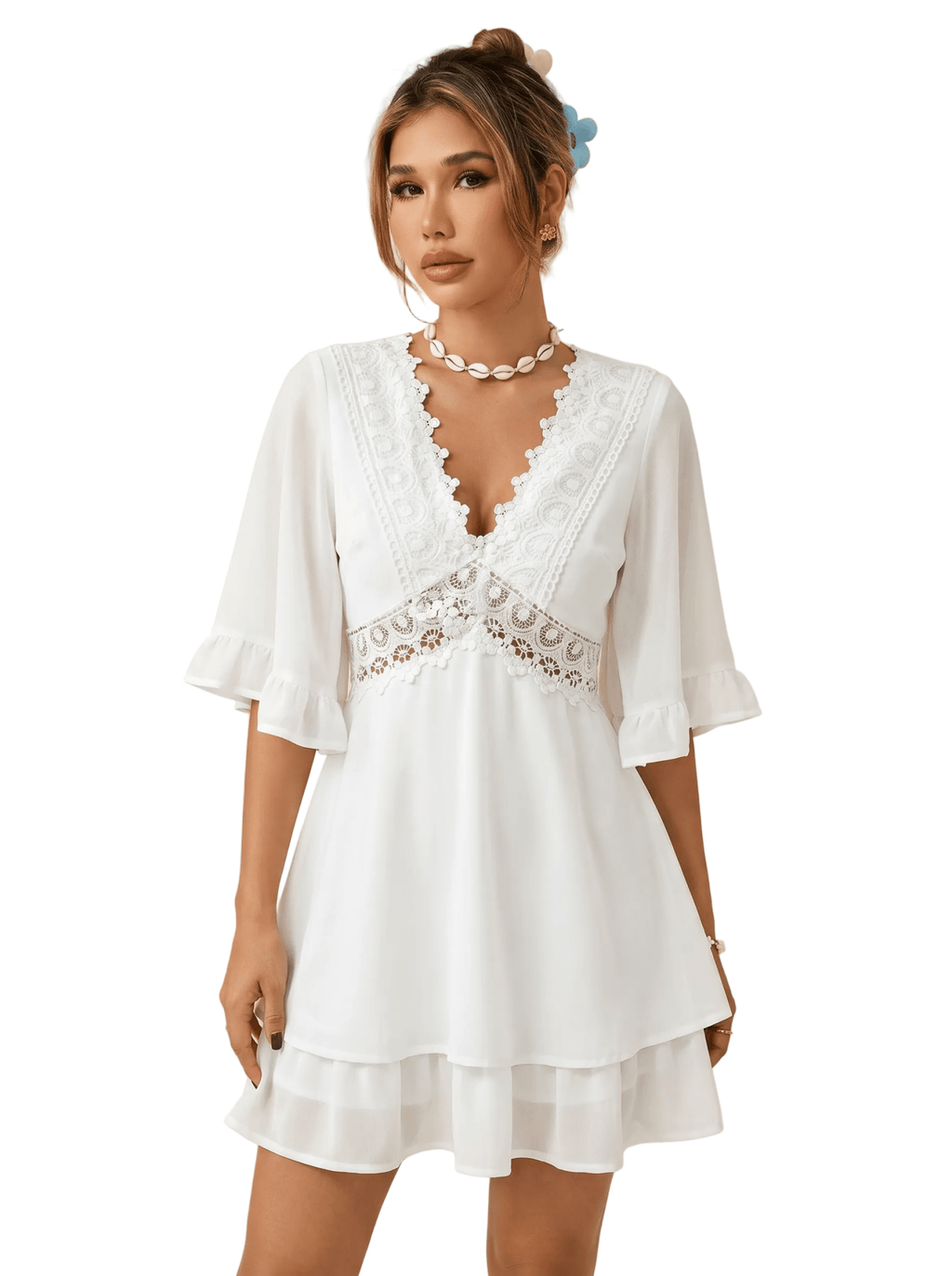 Dress Women V Neck Loose Fit Ruffled Lace Detail Design - Evergreen Outfits - Women Mini Dress