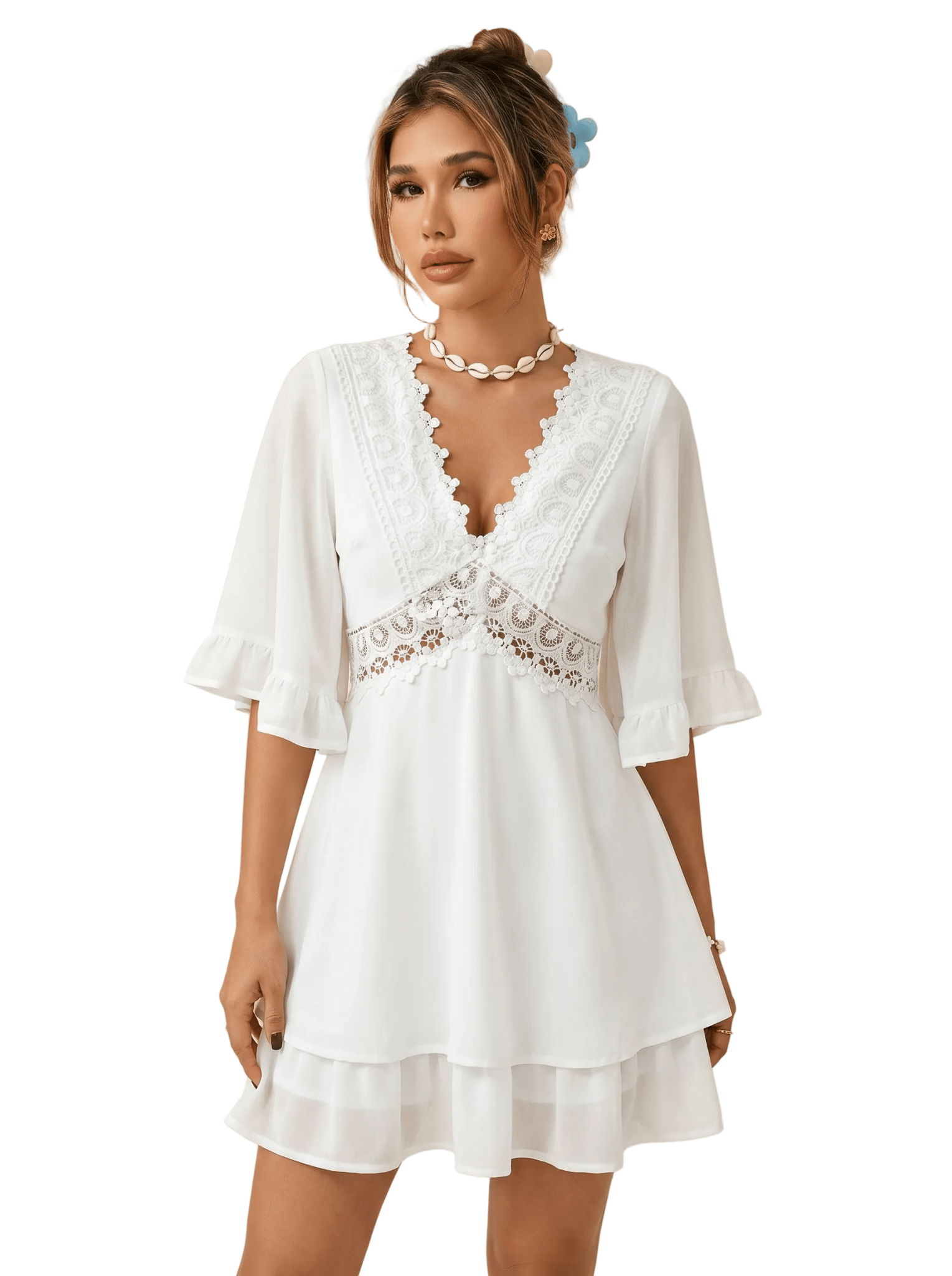 Dress Women V Neck Loose Fit Ruffled Lace Detail Design - Evergreen Outfits - Women Mini Dress