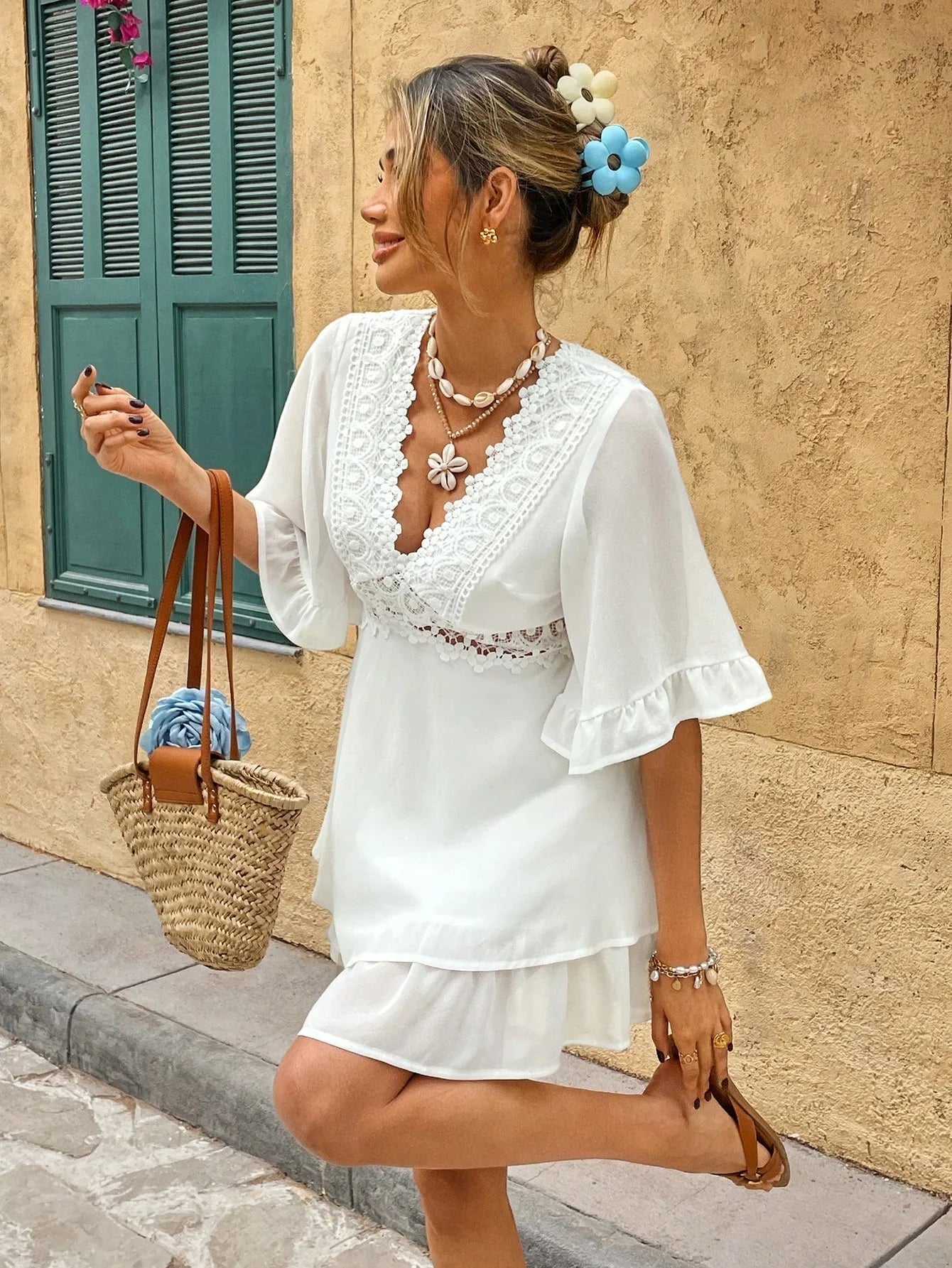 Dress Women V Neck Loose Fit Ruffled Lace Detail Design - Evergreen Outfits - Women Mini Dress