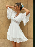 Dress Women V Neck Loose Fit Ruffled Lace Detail Design - Evergreen Outfits - Women Mini Dress
