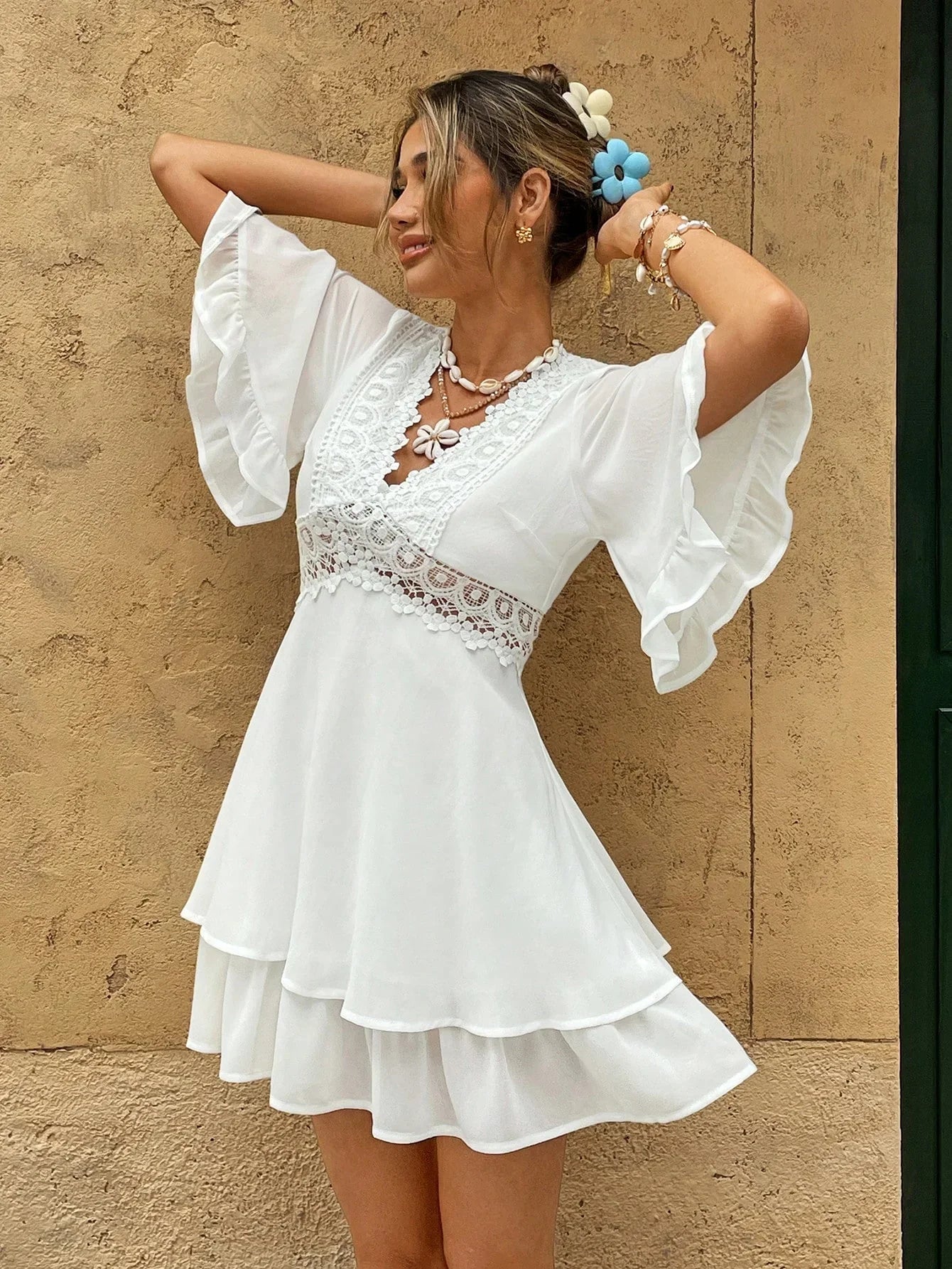 Dress Women V Neck Loose Fit Ruffled Lace Detail Design - Evergreen Outfits - Women Mini Dress