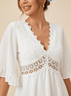 Dress Women V Neck Loose Fit Ruffled Lace Detail Design - Evergreen Outfits - Women Mini Dress