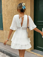 Dress Women V Neck Loose Fit Ruffled Lace Detail Design - Evergreen Outfits - Women Mini Dress