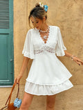 Dress Women V Neck Loose Fit Ruffled Lace Detail Design - Evergreen Outfits - Women Mini Dress