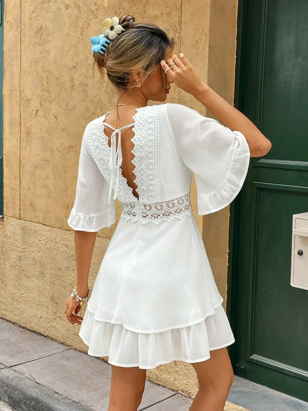 Dress Women V Neck Loose Fit Ruffled Lace Detail Design - Evergreen Outfits - Women Mini Dress